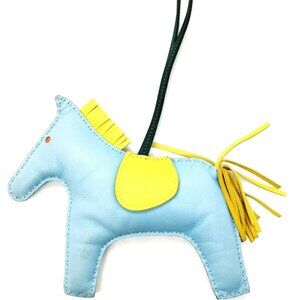 $1495 Authentic HERMES Made in FRANCE Rodeo Light Blue-Yellow Leather Bag Charm